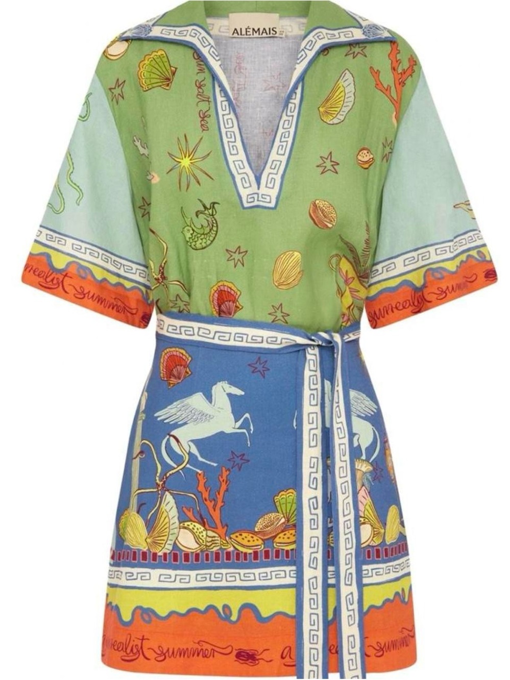 Alemais Green, Blue & Orange Printed Mini Dress with Belt